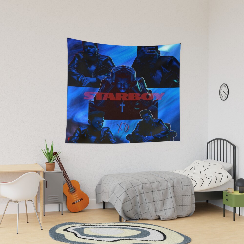 Neon Blue Pop Portrait Dark Aesthetic Collage Tapestry